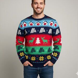 Aldi Gear Ugly Christmas Sweater Fair Isle Houses Trees Deer Small 2023